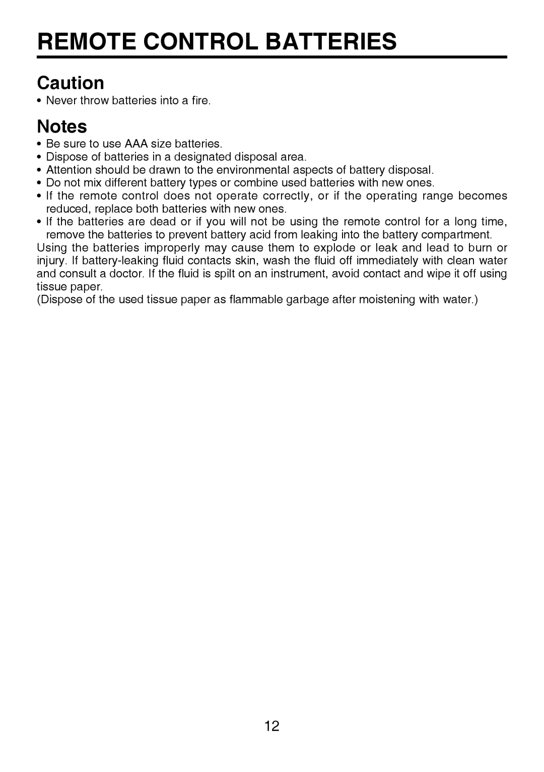 Toshiba TDP-P8 manual Remote Control Batteries 