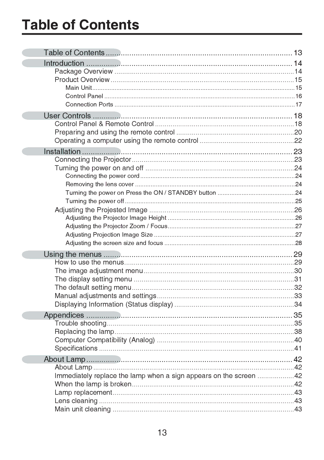 Toshiba TDP-P8 manual Table of Contents 