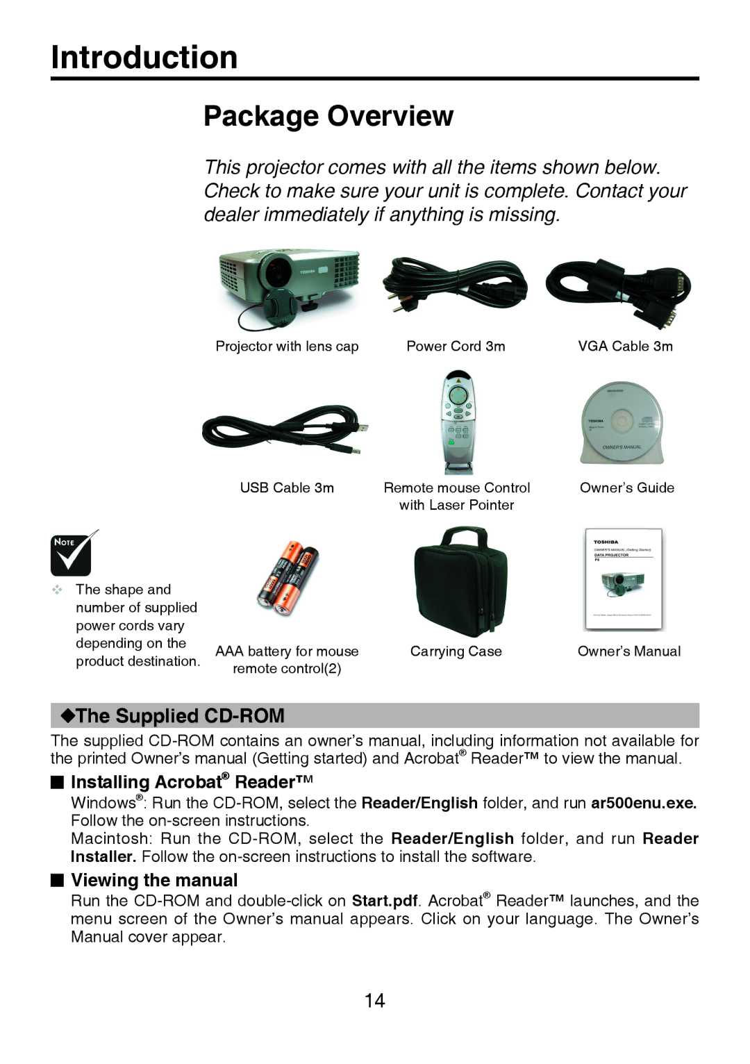 Toshiba TDP-P8 Introduction, Package Overview, Installing Acrobat Reader, Viewing the manual 