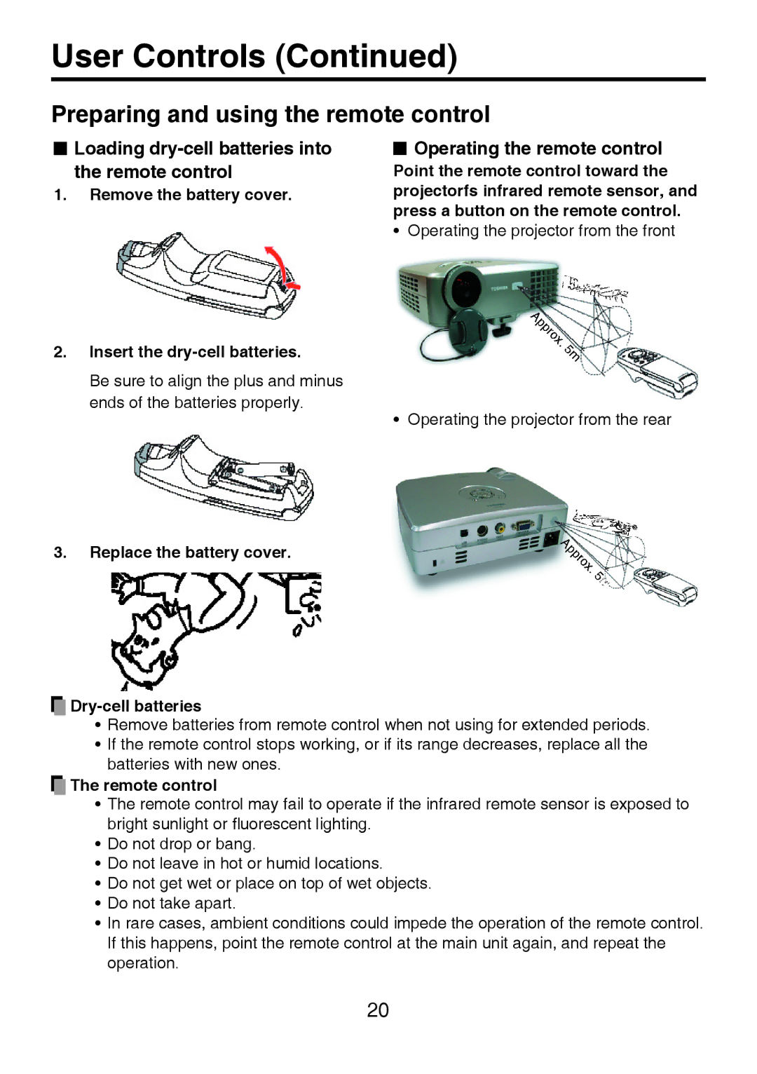 Toshiba TDP-P8 manual Preparing and using the remote control, Loading dry-cell batteries into Remote control 