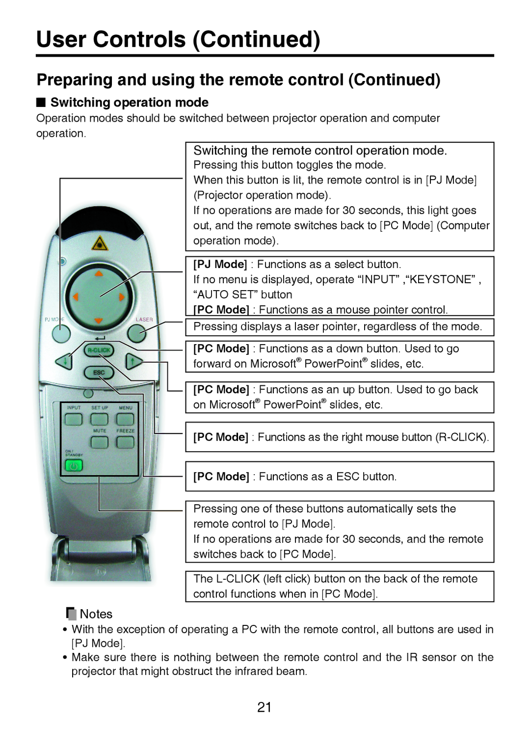 Toshiba TDP-P8 manual Switching operation mode, Switching the remote control operation mode 