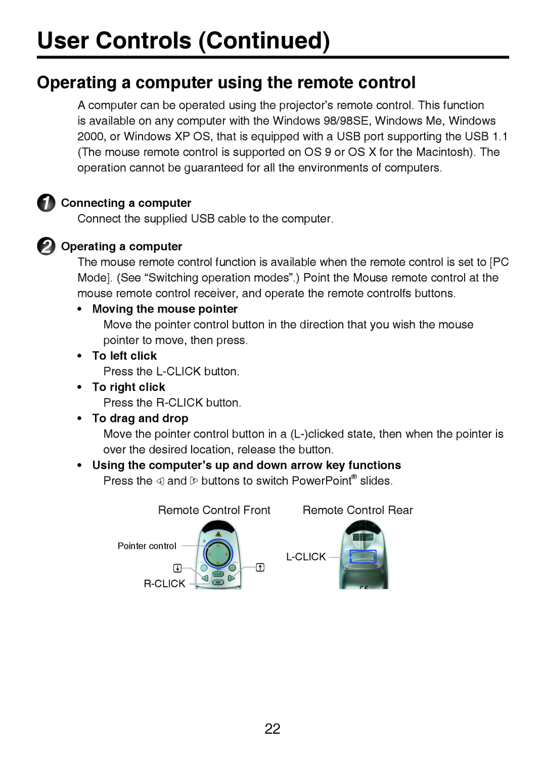 Toshiba TDP-P8 manual Operating a computer using the remote control 