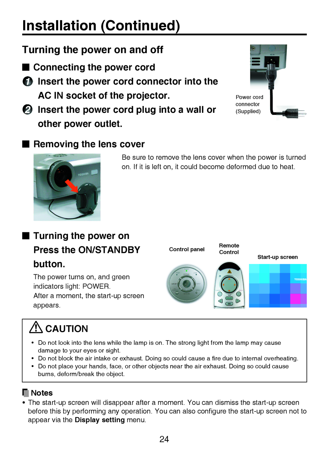 Toshiba TDP-P8 manual Turning the power on and off, Turning the power on Press the ON/STANDBY button 