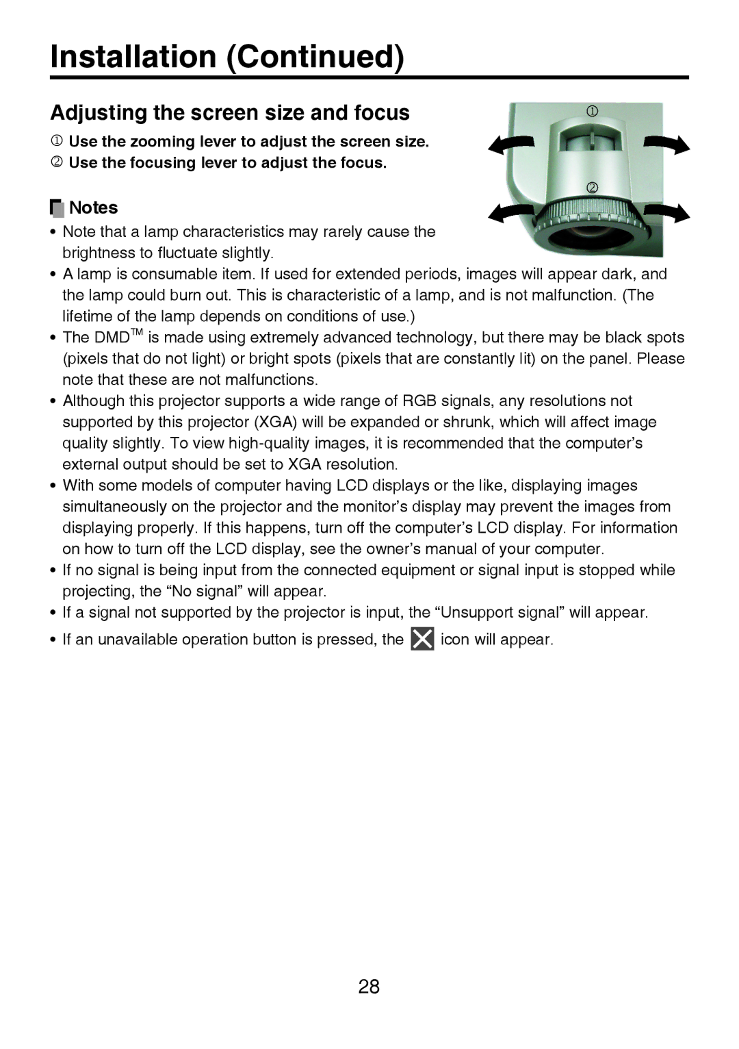 Toshiba TDP-P8 manual Adjusting the screen size and focus 