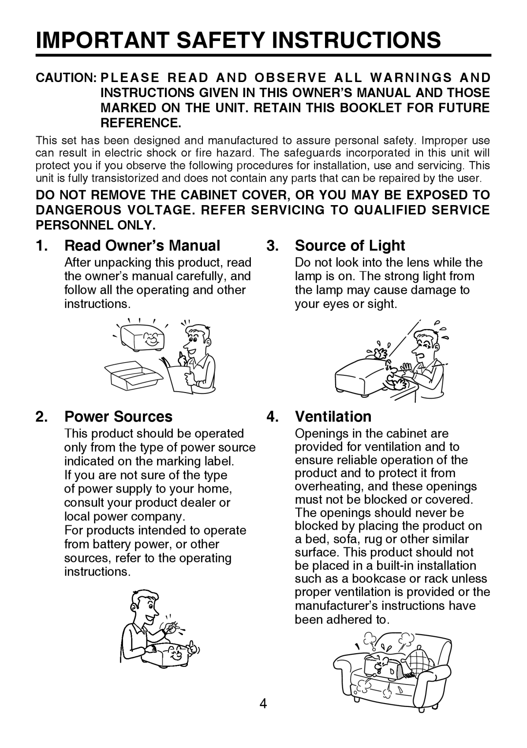 Toshiba TDP-P8 manual Important Safety Instructions, Source of Light, Power Sources, Ventilation 