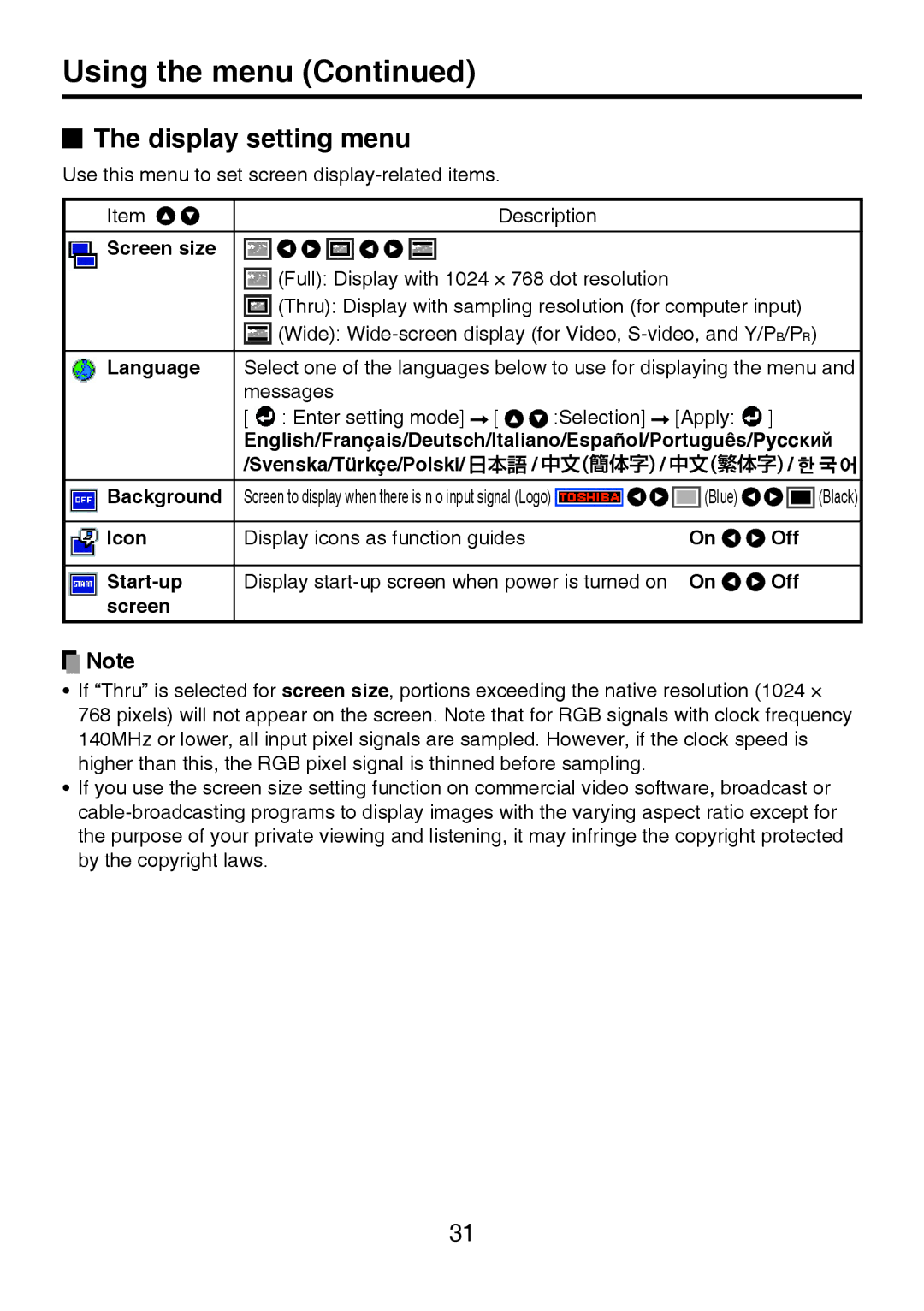 Toshiba TDP-P8 manual Display setting menu, Screen size, Blue 