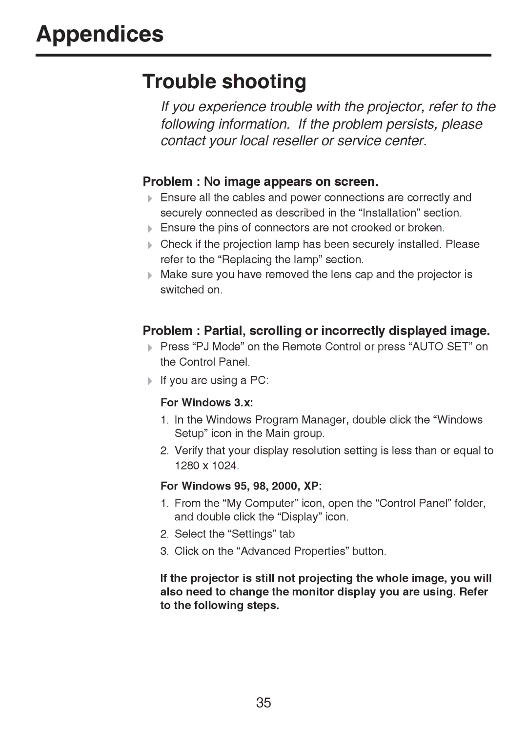 Toshiba TDP-P8 manual Appendices, Trouble shooting, Problem No image appears on screen 