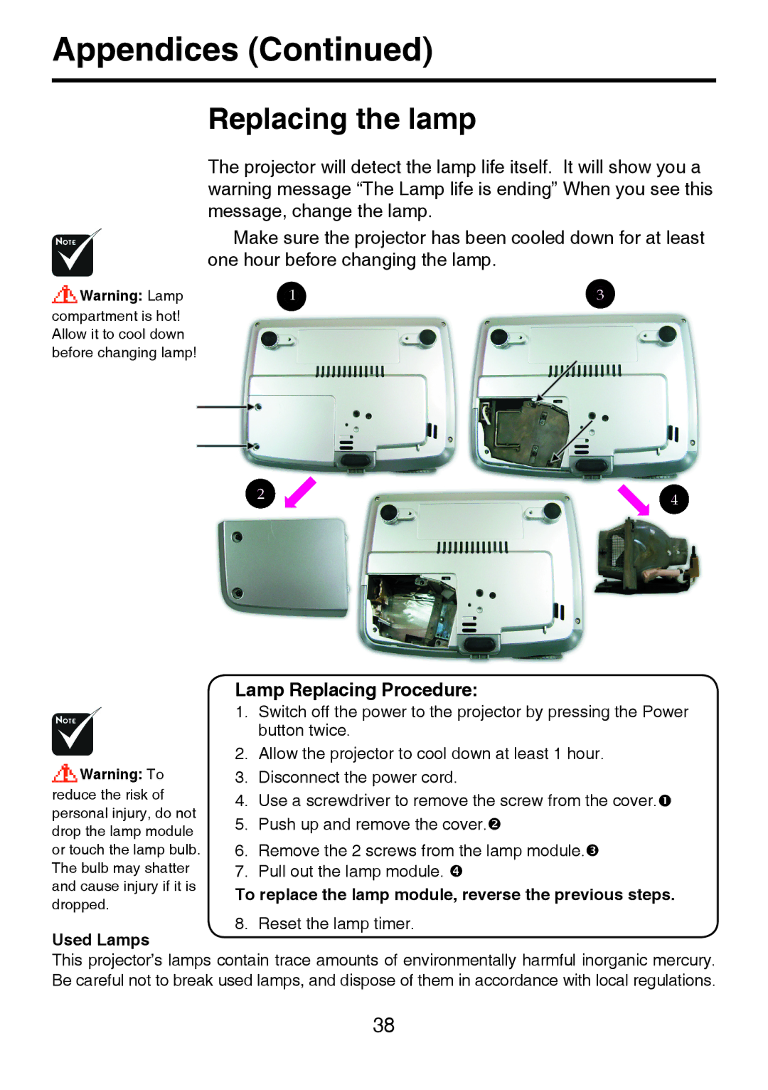 Toshiba TDP-P8 manual Replacing the lamp, Lamp Replacing Procedure, To replace the lamp module, reverse the previous steps 