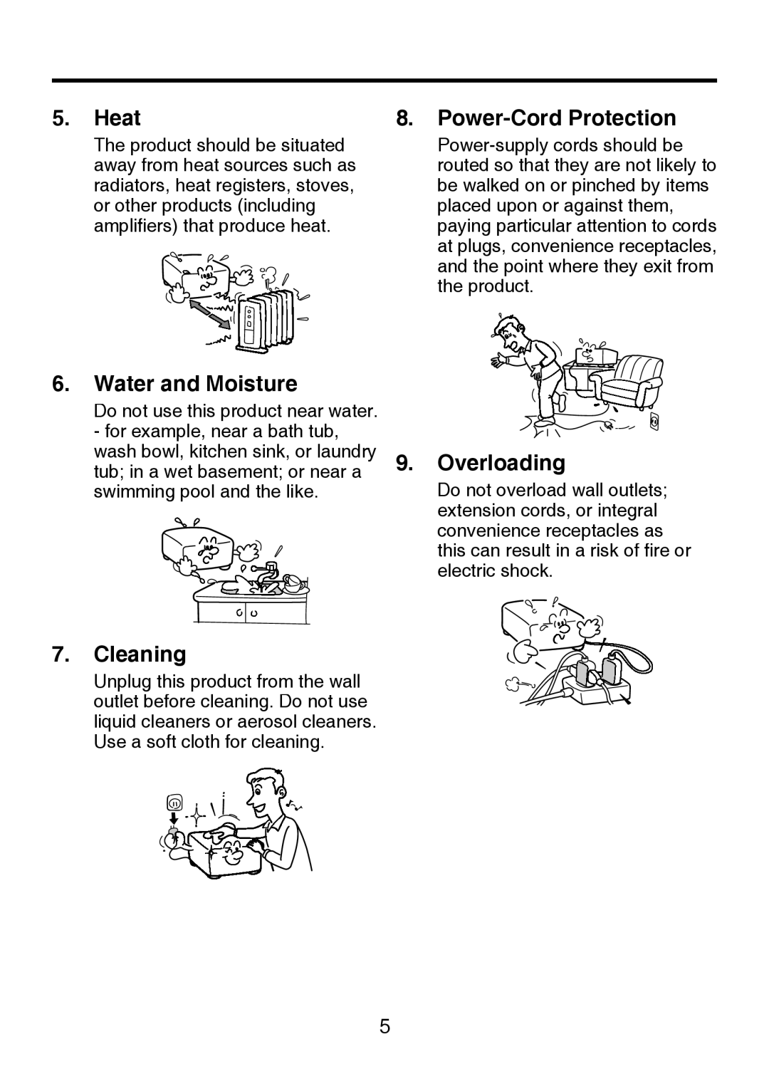 Toshiba TDP-P8 manual Heat, Power-Cord Protection, Water and Moisture, Overloading, Cleaning 