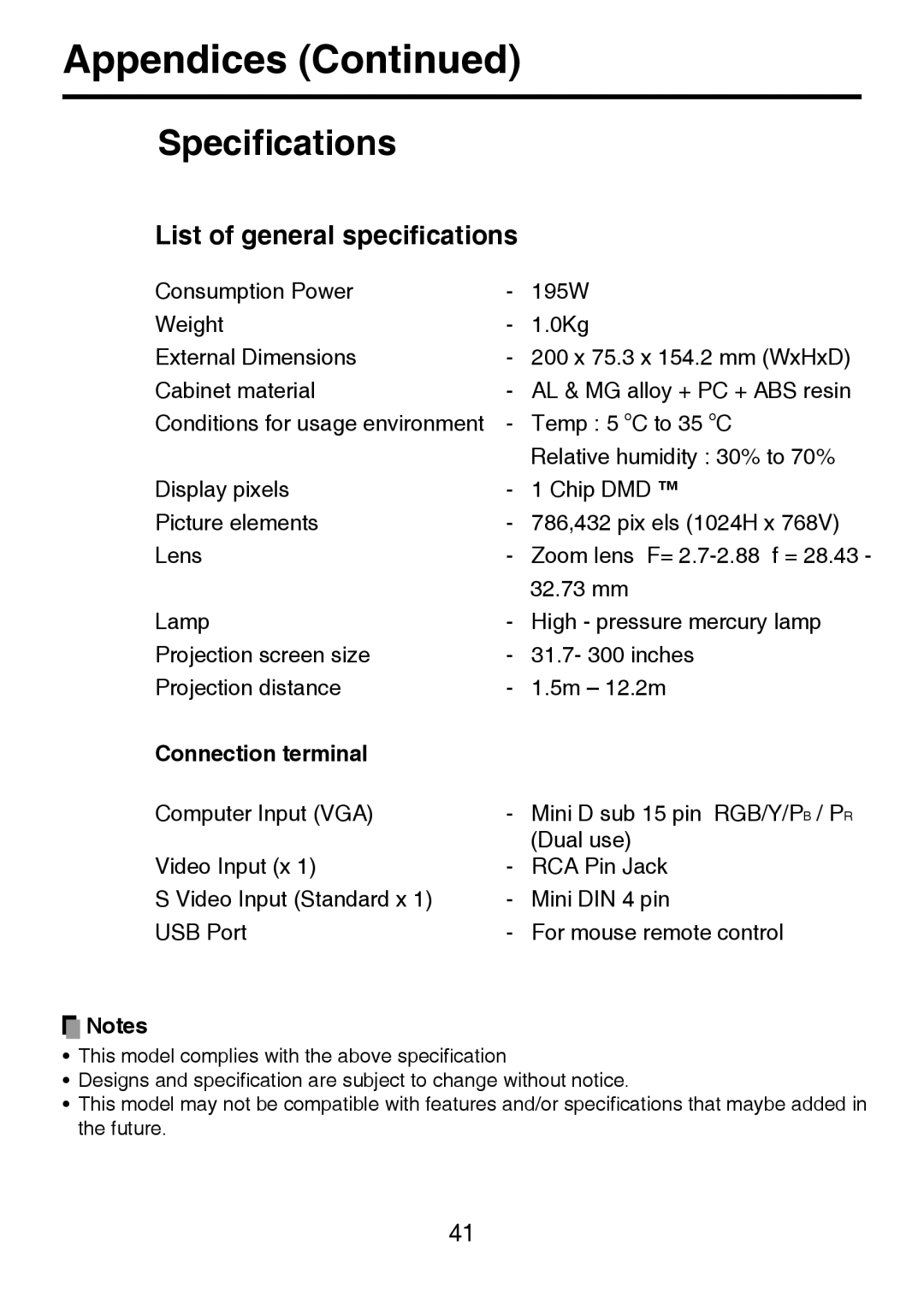 Toshiba TDP-P8 manual Speciﬁcations, List of general speciﬁcations, Connection terminal 