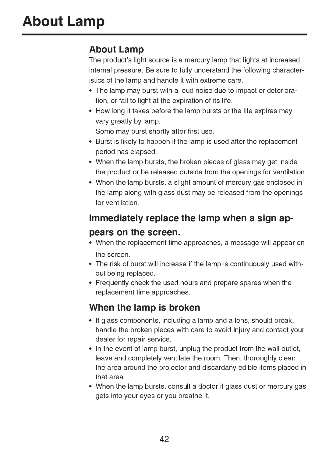 Toshiba TDP-P8 manual About Lamp, When the lamp is broken 