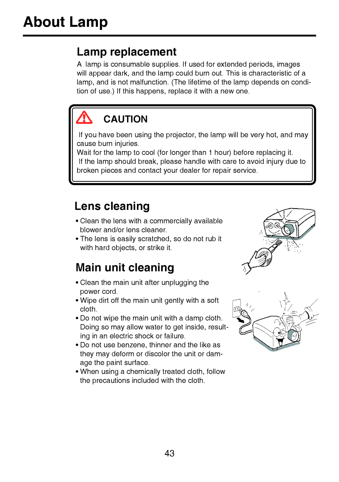 Toshiba TDP-P8 manual Lamp replacement, Lens cleaning, Main unit cleaning 