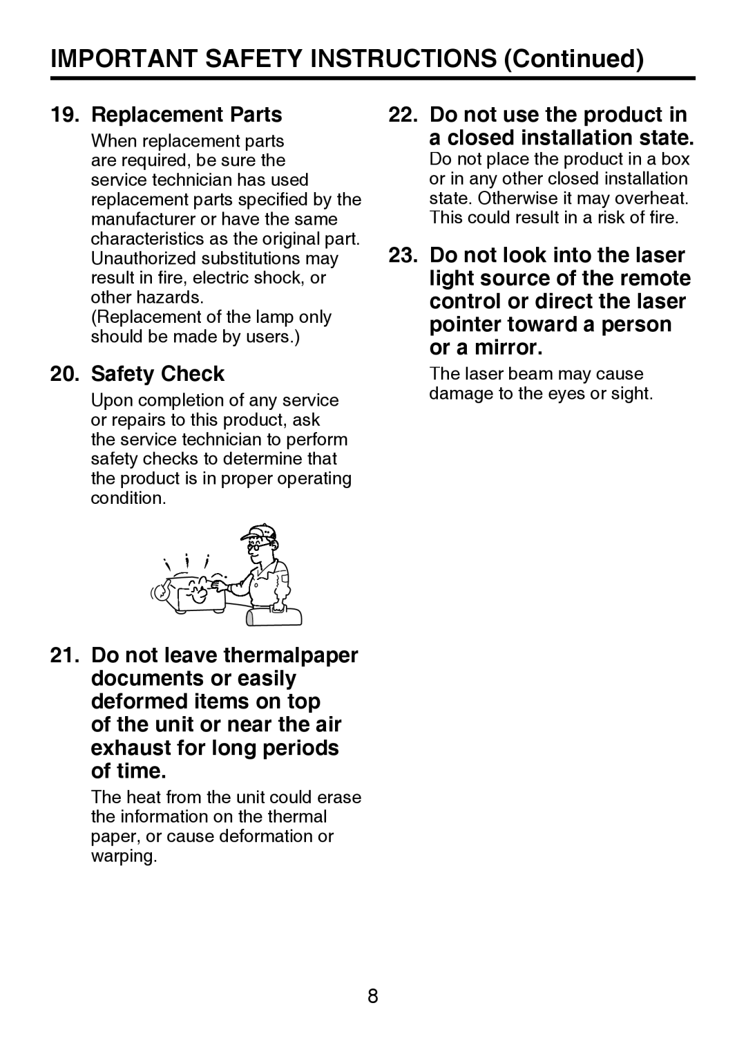 Toshiba TDP-P8 manual Important Safety Instructions, Replacement Parts, Safety Check 