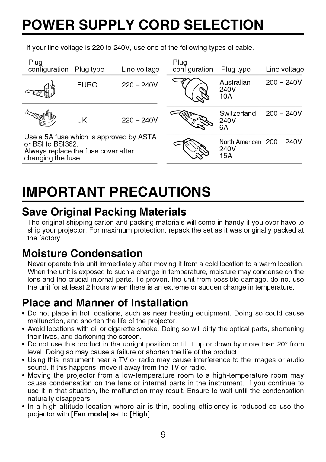 Toshiba TDP-P8 Power Supply Cord Selection, Important Precautions, Save Original Packing Materials, Moisture Condensation 