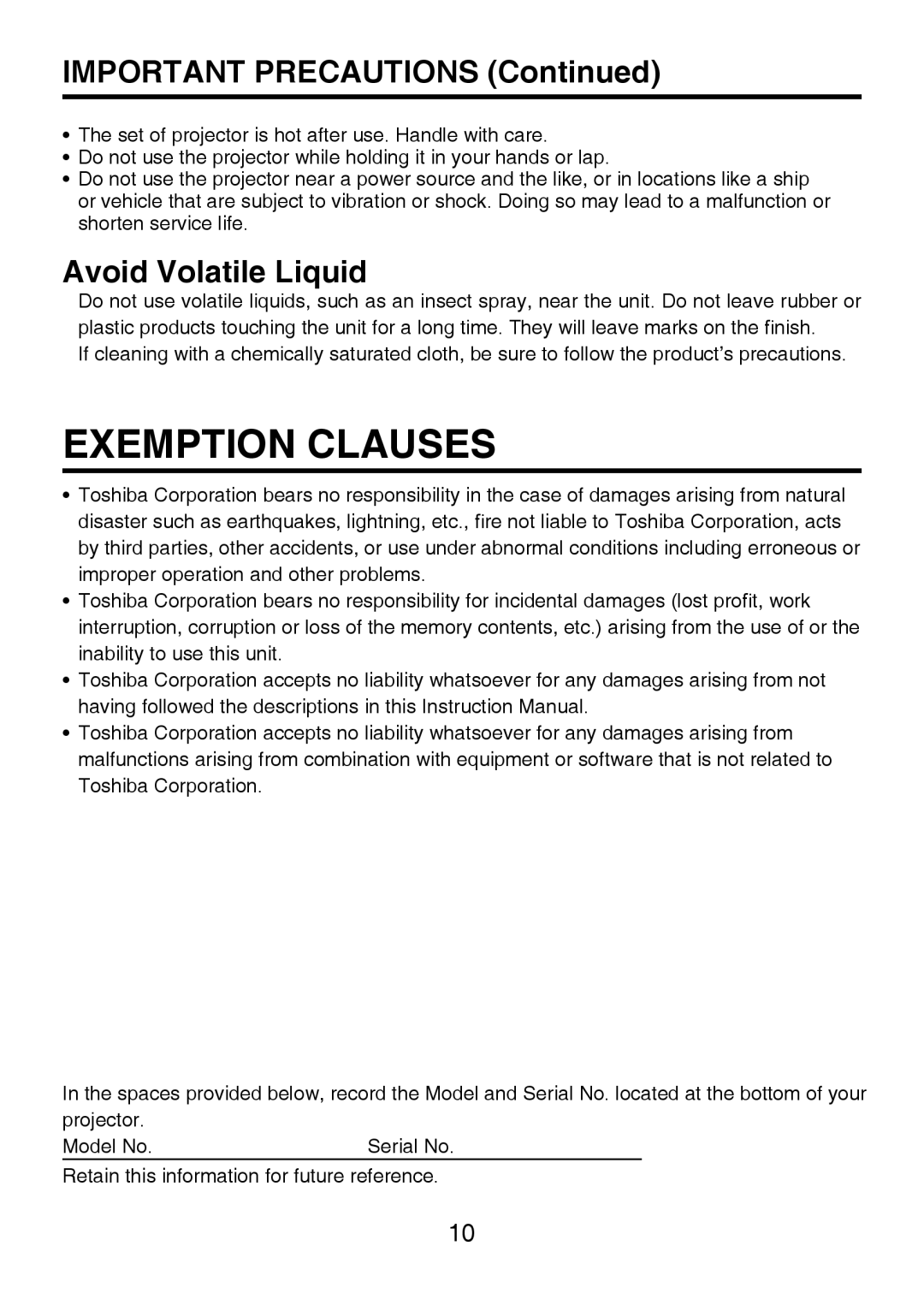 Toshiba TDP-P8 manual Exemption Clauses, Important Precautions, Avoid Volatile Liquid 