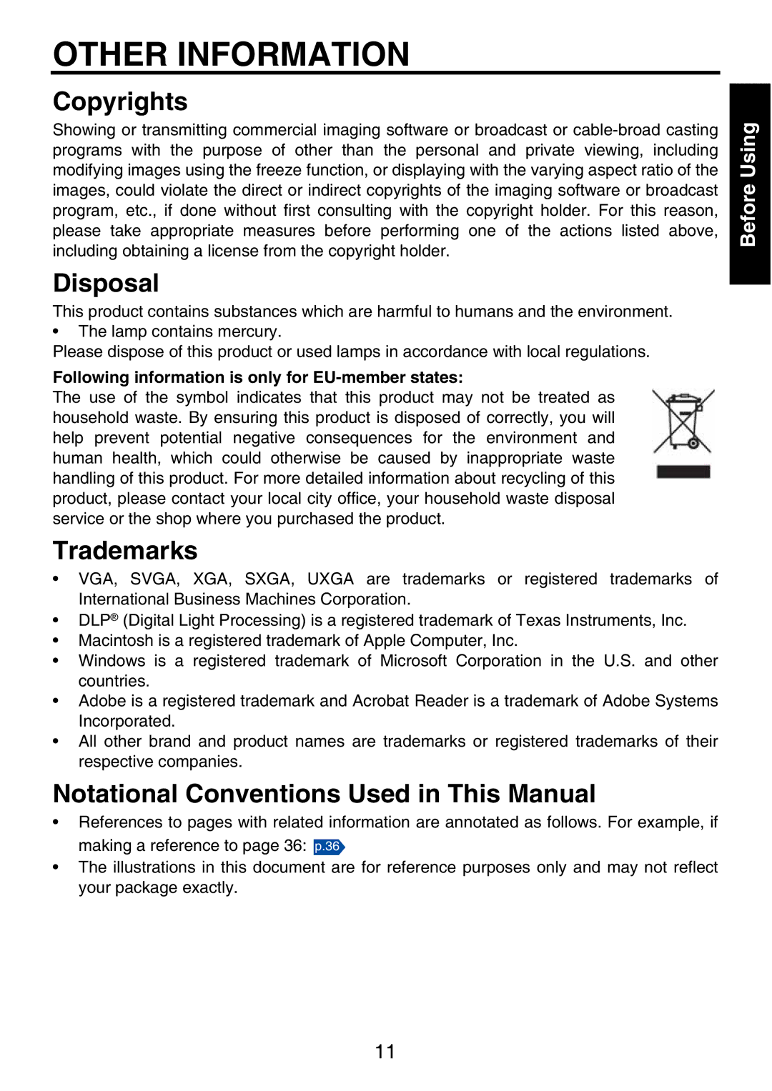 Toshiba TDP-P9 owner manual Other Information, Copyrights, Disposal, Trademarks, Notational Conventions Used in This Manual 