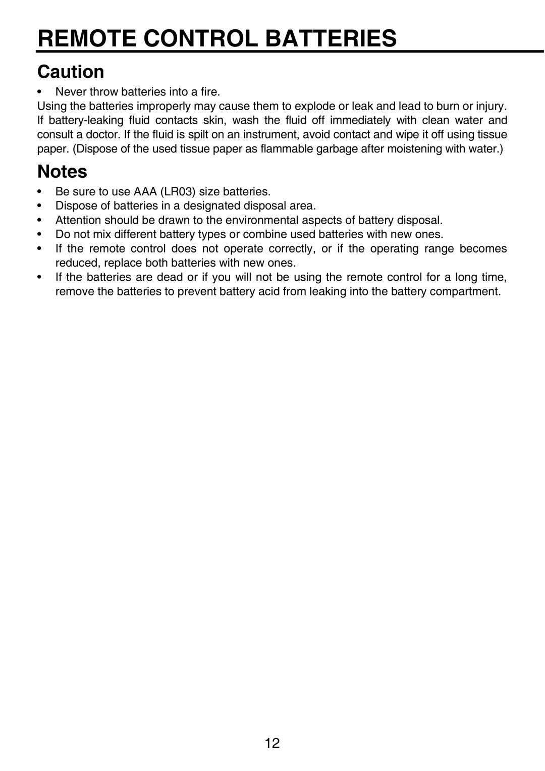 Toshiba TDP-P9 owner manual Remote Control Batteries 