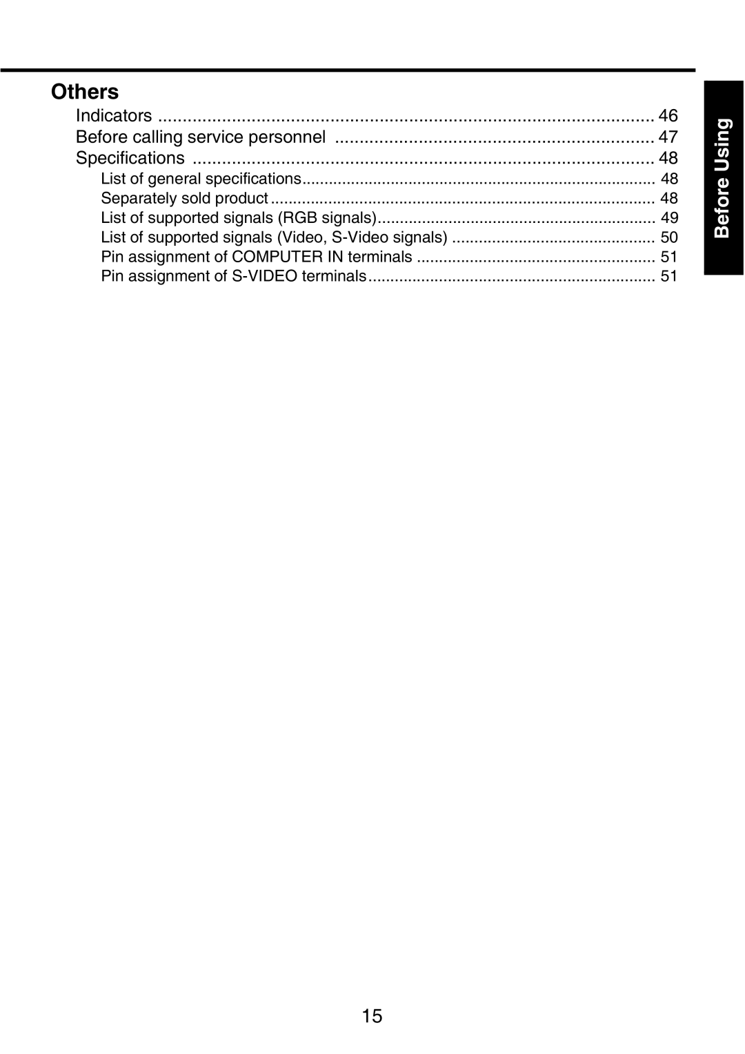 Toshiba TDP-P9 owner manual Others, Indicators Before calling service personnel Specifications 