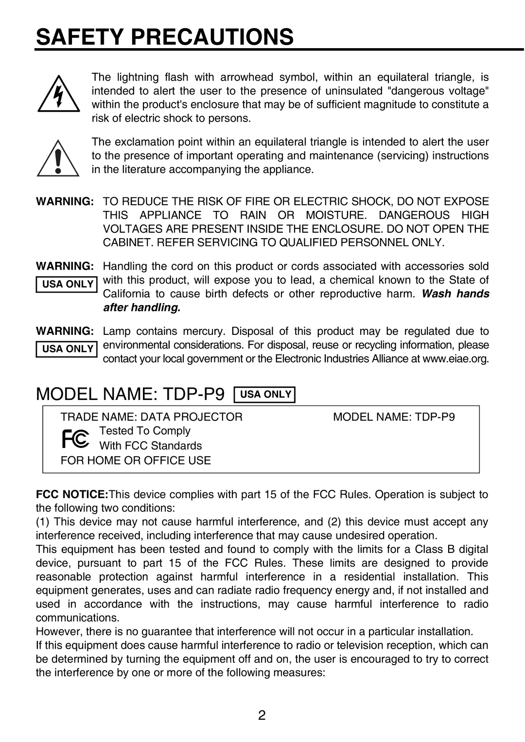 Toshiba owner manual Safety Precautions, Model Name TDP-P9!USA only 