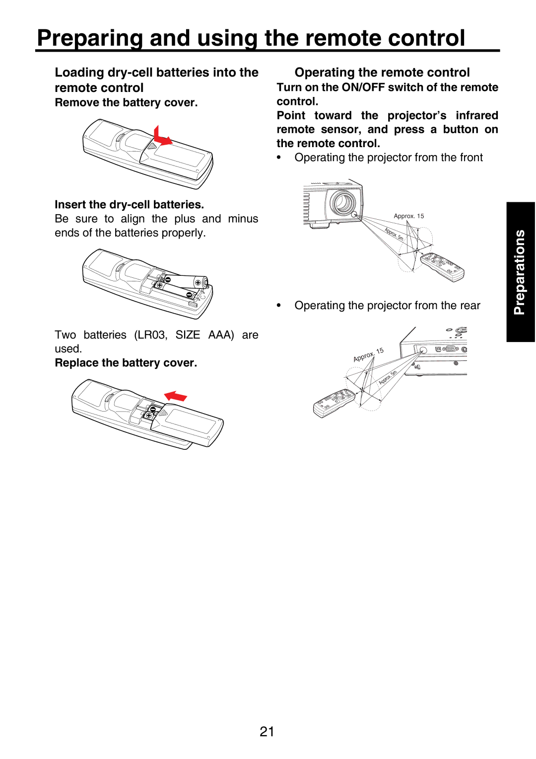 Toshiba TDP-P9 owner manual Preparing and using the remote control, Loading dry-cell batteries into the remote control 