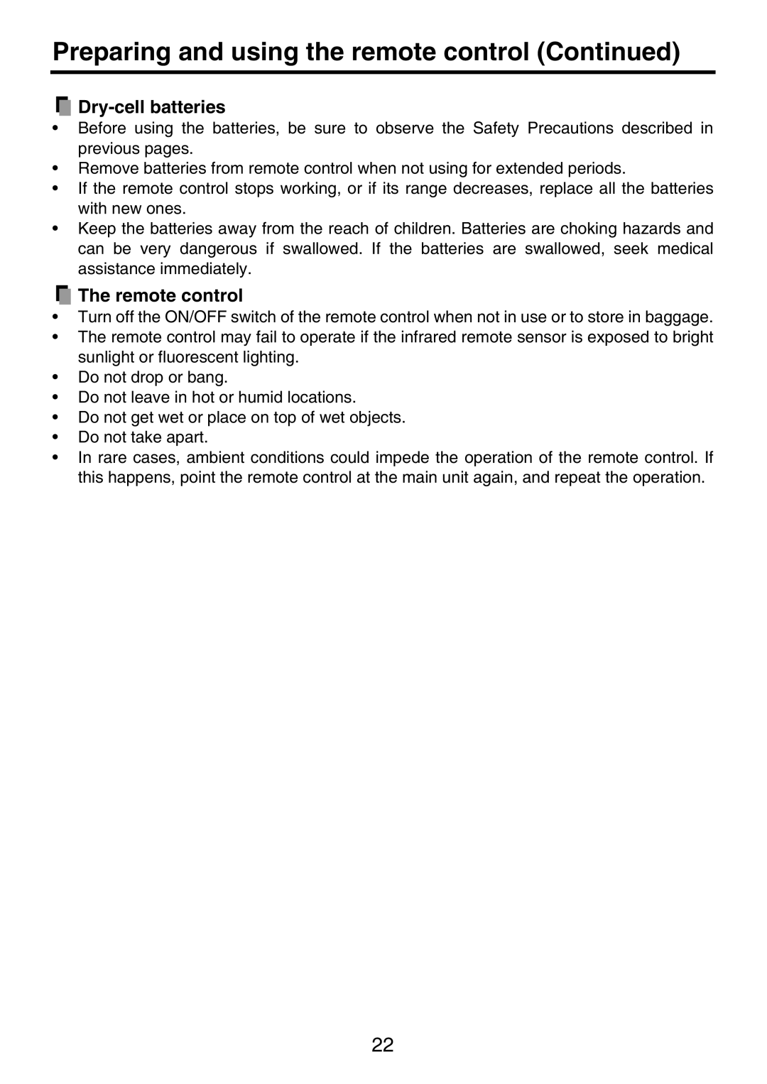 Toshiba TDP-P9 owner manual Preparing and using the remote control, Dry-cell batteries 