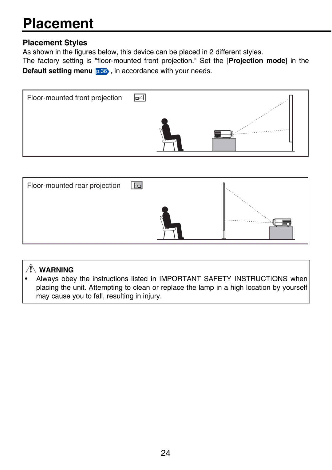 Toshiba TDP-P9 owner manual Placement Styles 