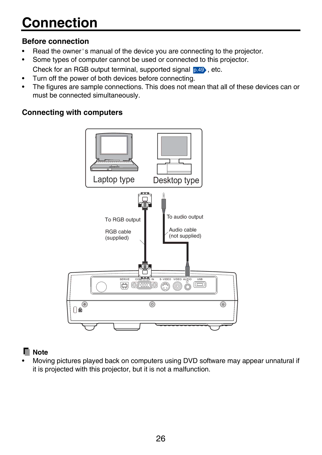 Toshiba TDP-P9 owner manual Connection, Before connection, Connecting with computers 