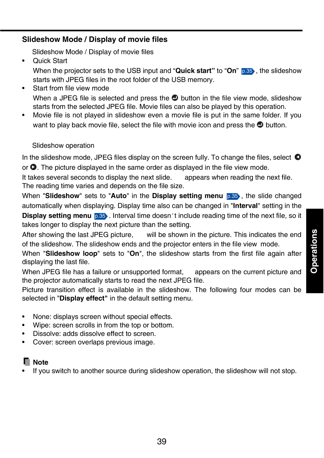 Toshiba TDP-P9 owner manual Slideshow Mode / Display of movie files 