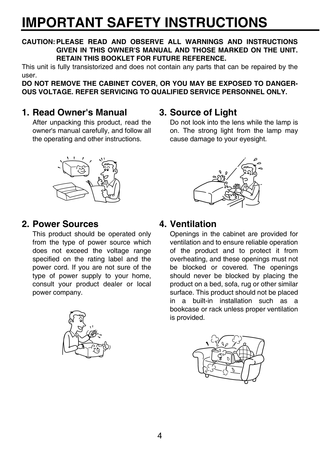 Toshiba TDP-P9 owner manual Important Safety Instructions, Power Sources 