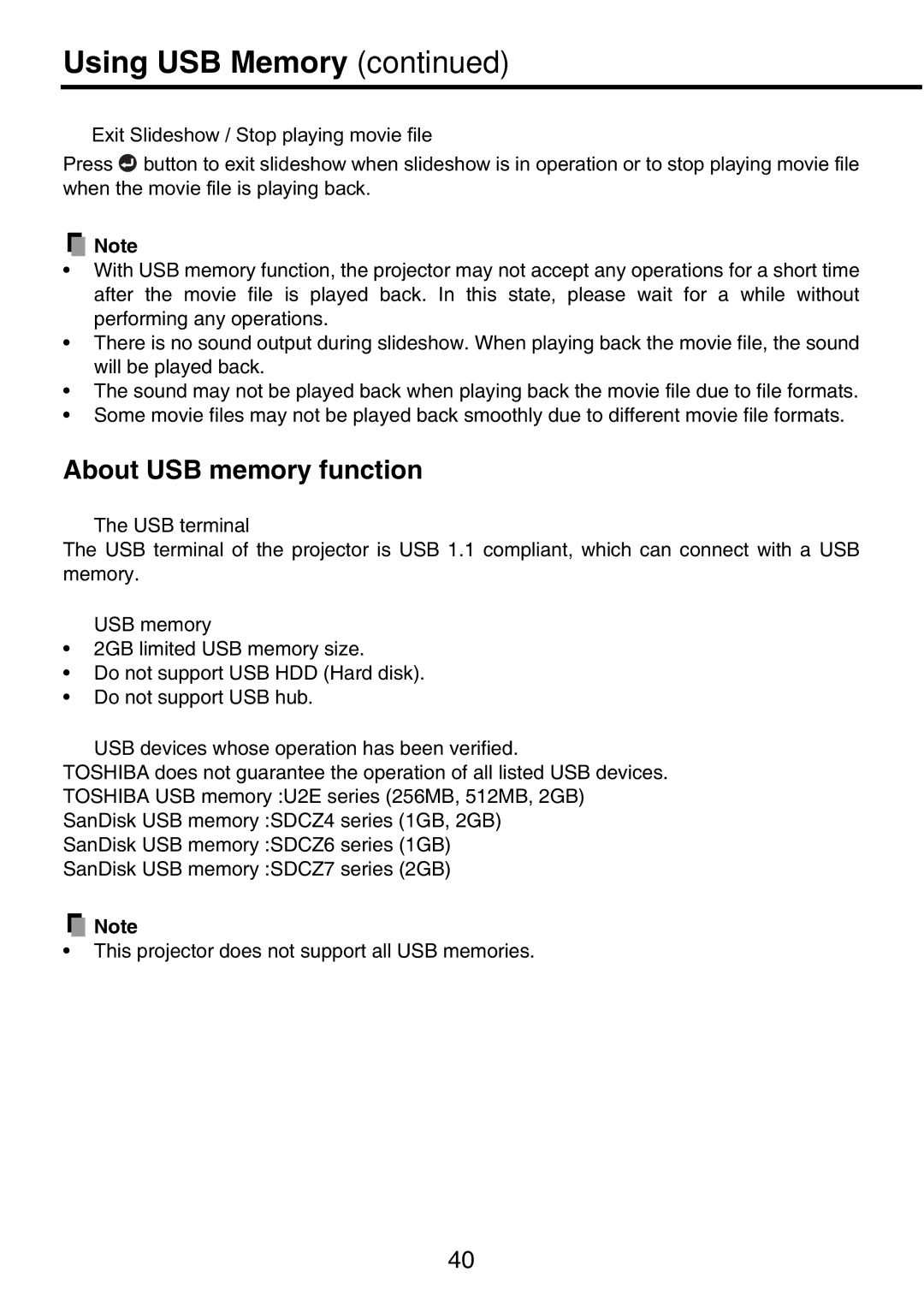 Toshiba TDP-P9 owner manual Using USB Memory, About USB memory function 