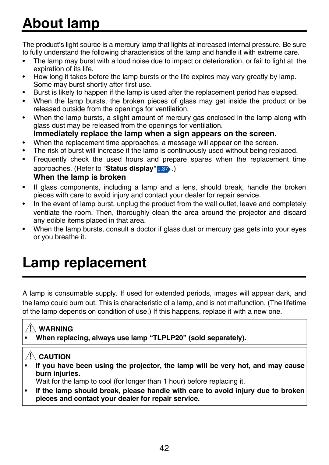 Toshiba TDP-P9 owner manual About lamp, Lamp replacement, When the lamp is broken 