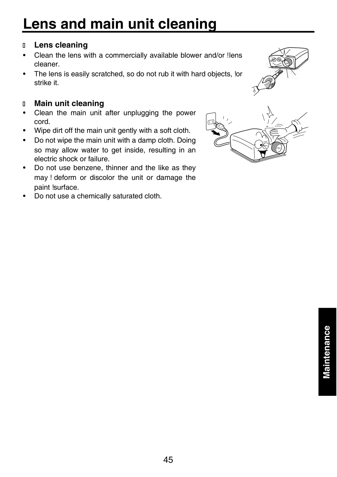 Toshiba TDP-P9 owner manual Lens and main unit cleaning, Lens cleaning, Main unit cleaning 