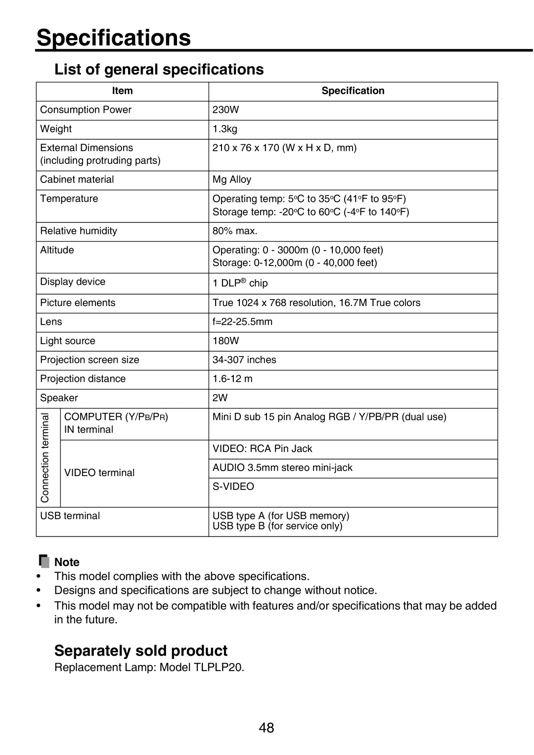 Toshiba TDP-P9 owner manual Specifications, List of general specifications, Separately sold product 