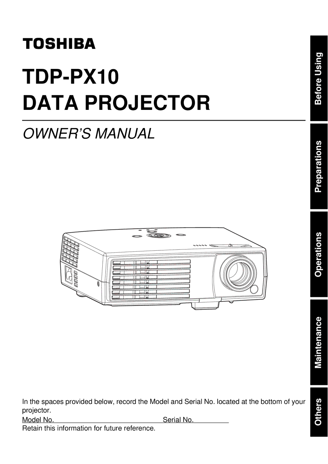 Toshiba owner manual TDP-PX10 Data Projector 