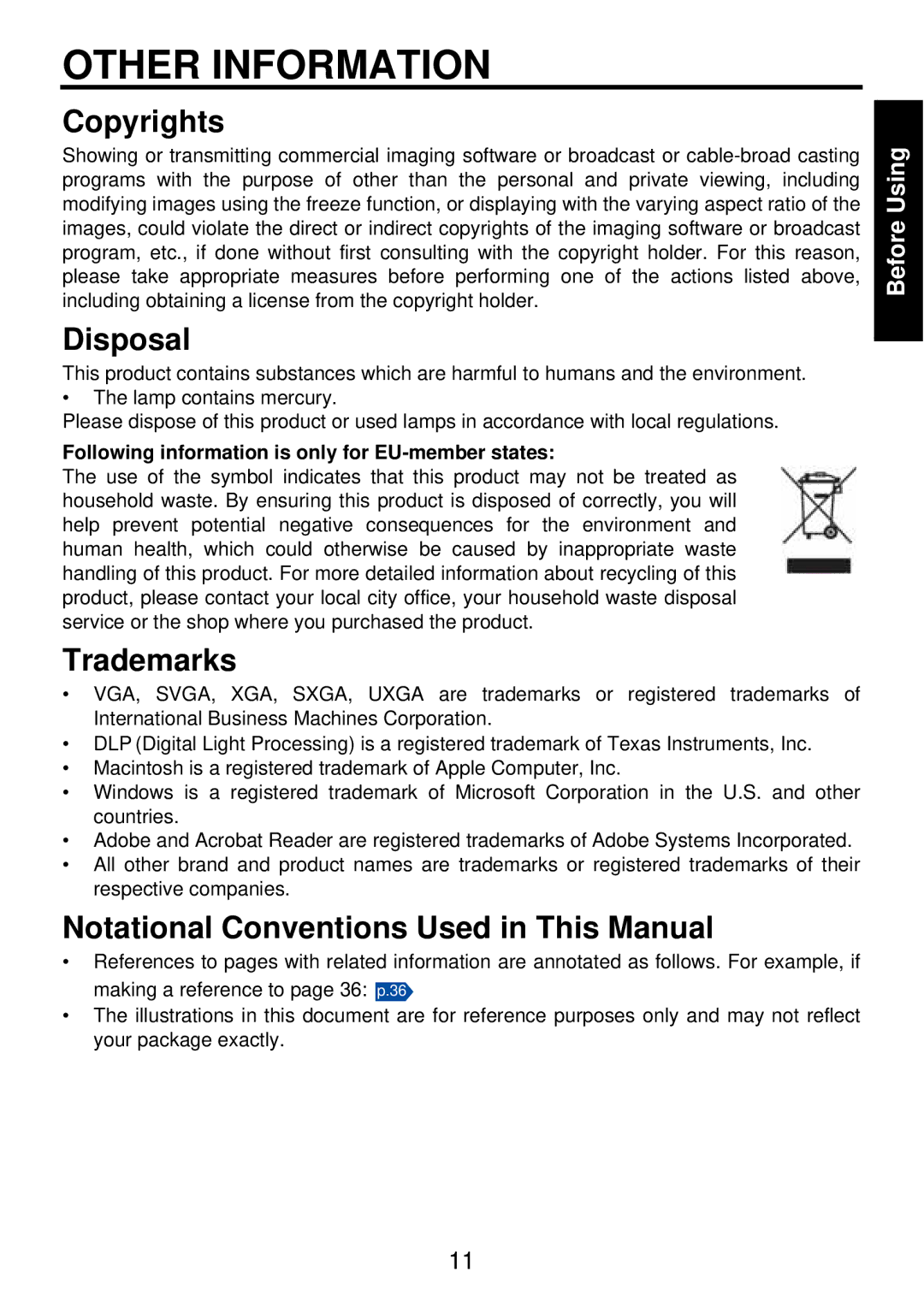 Toshiba TDP-PX10 Other Information, Copyrights, Disposal, Trademarks, Notational Conventions Used in This Manual 