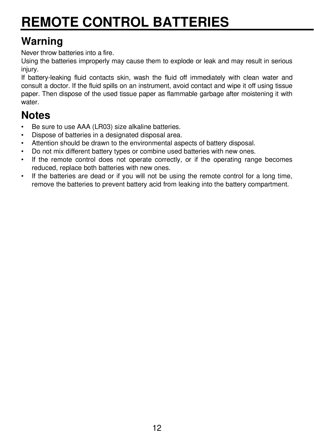 Toshiba TDP-PX10 owner manual Remote Control Batteries 