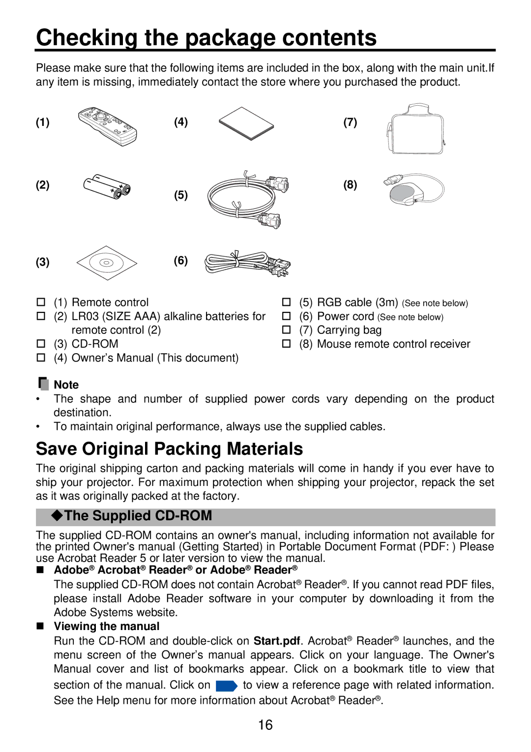 Toshiba TDP-PX10 owner manual Checking the package contents 