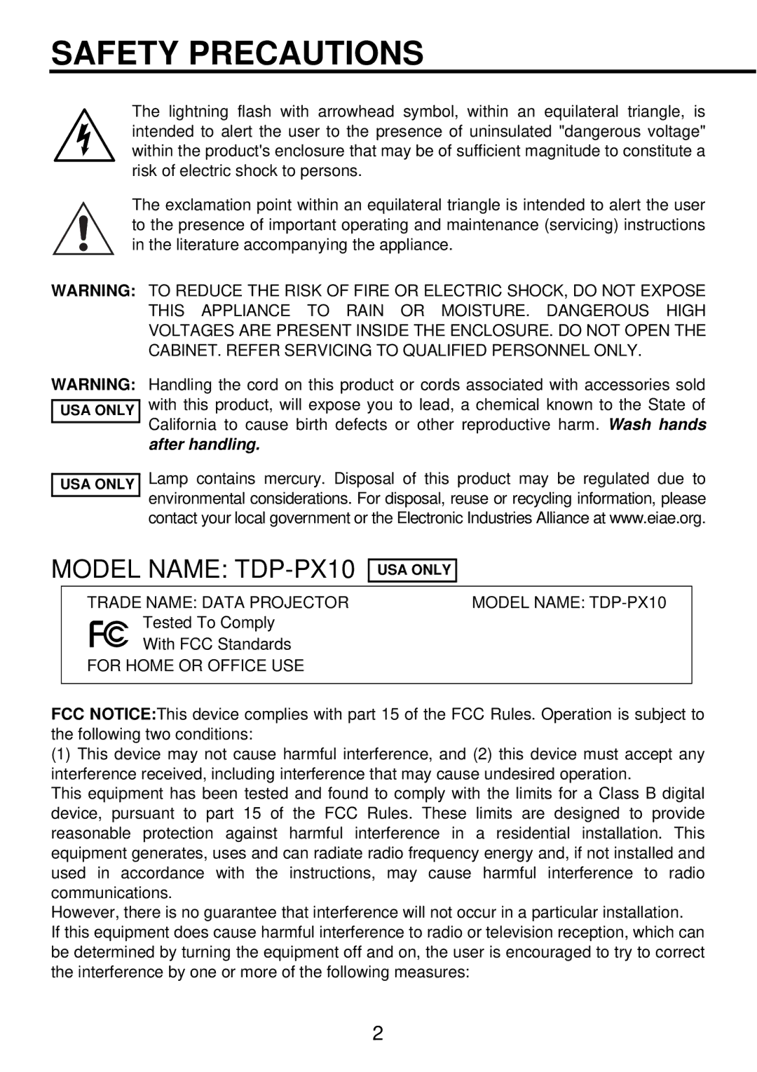 Toshiba owner manual Safety Precautions, Model Name TDP-PX10!USA only 