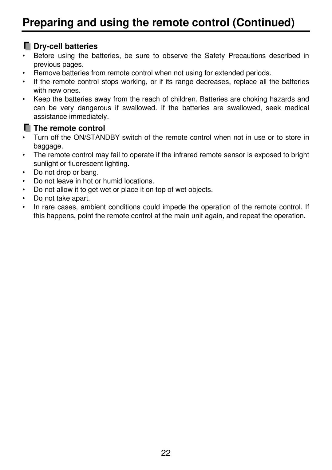 Toshiba TDP-PX10 owner manual Preparing and using the remote control, Dry-cell batteries 