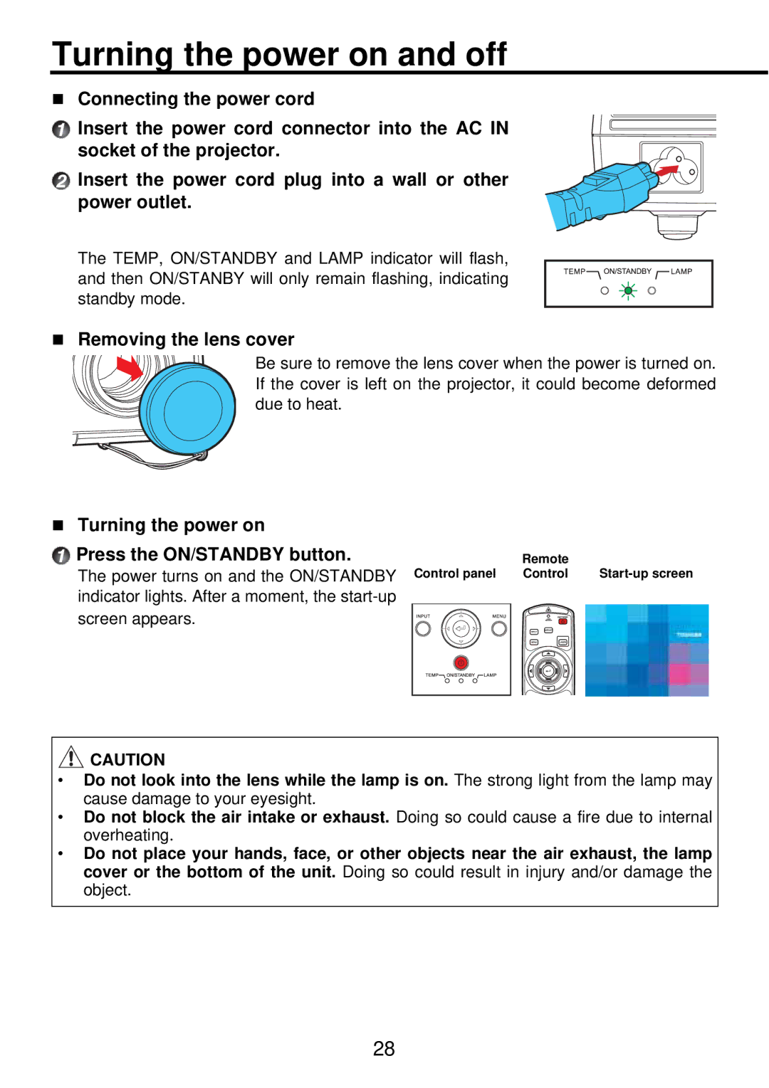 Toshiba TDP-PX10 owner manual Turning the power on and off, „ Removing the lens cover 