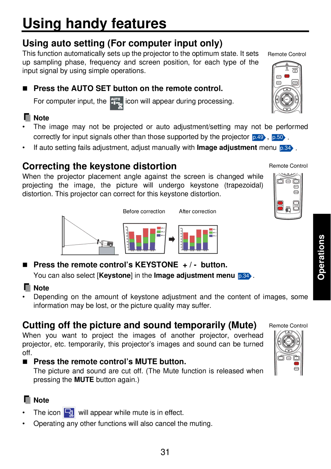 Toshiba TDP-PX10 Using handy features, Using auto setting For computer input only, Correcting the keystone distortion 