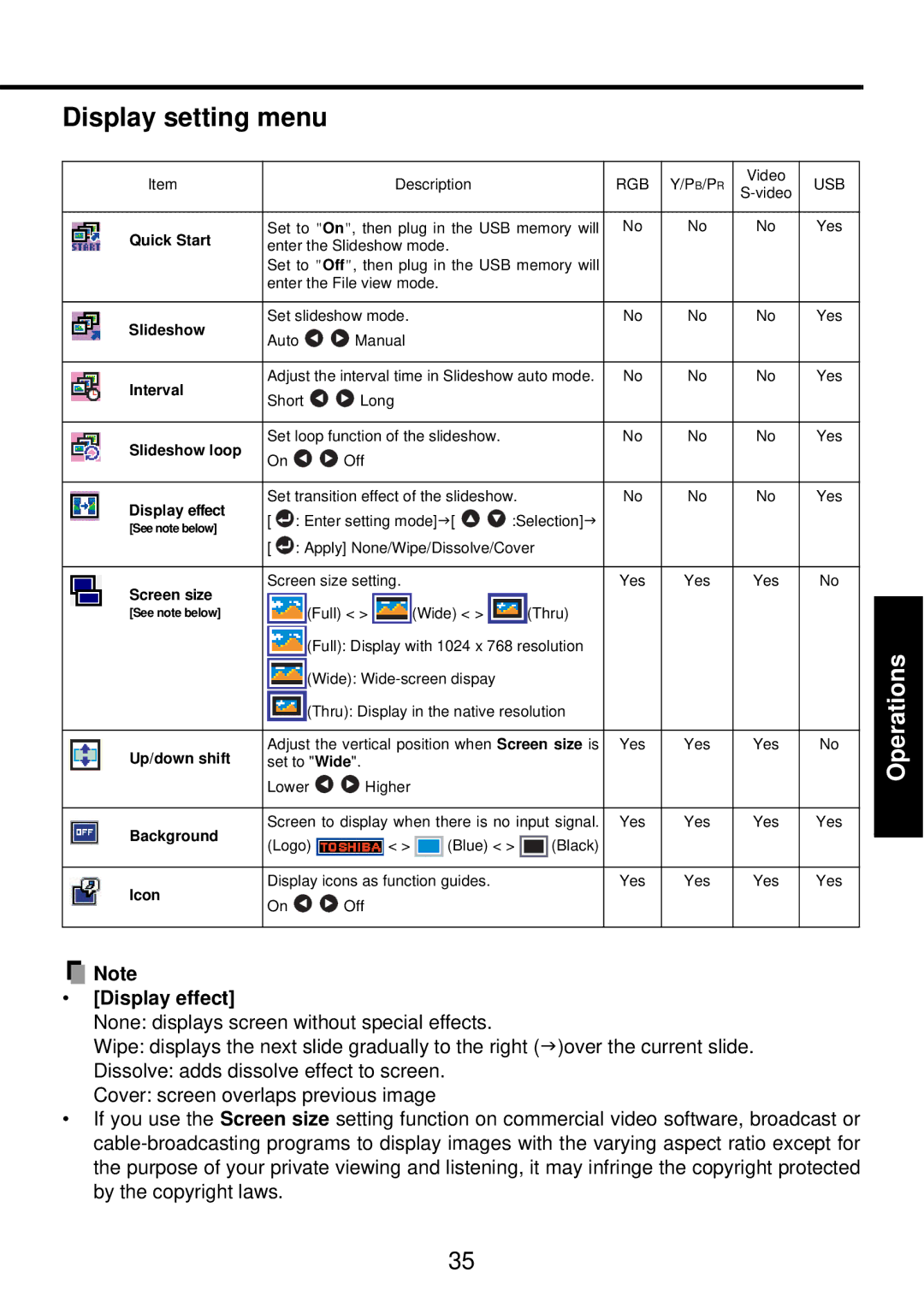 Toshiba TDP-PX10 owner manual Display setting menu, Display effect 