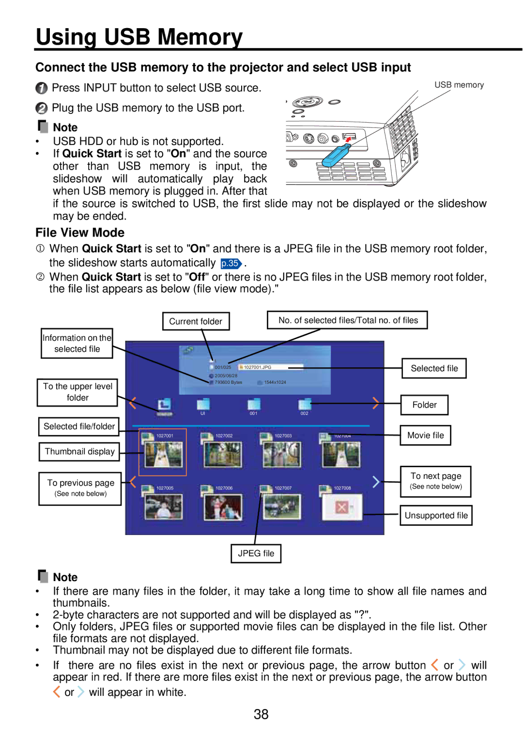 Toshiba TDP-PX10 owner manual Using USB Memory, File View Mode 