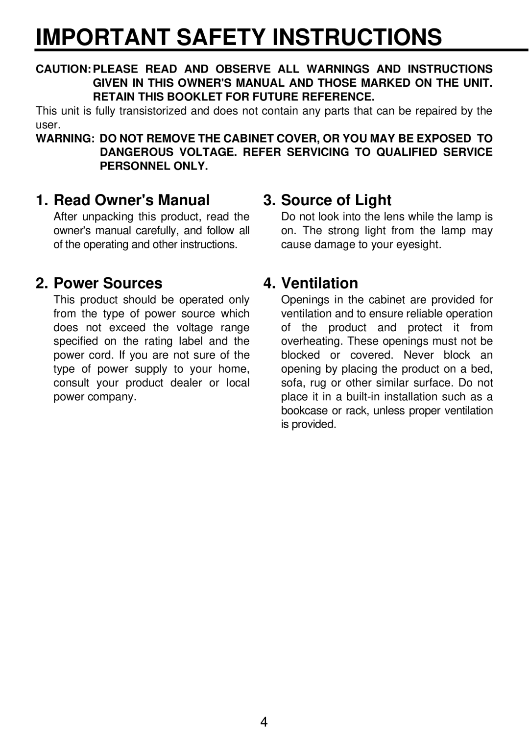 Toshiba TDP-PX10 owner manual Important Safety Instructions, Source of Light, Power Sources, Ventilation 