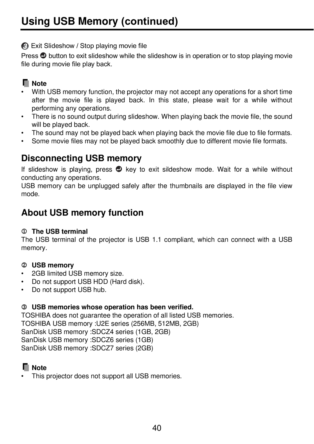 Toshiba TDP-PX10 owner manual Using USB Memory, Disconnecting USB memory, About USB memory function 