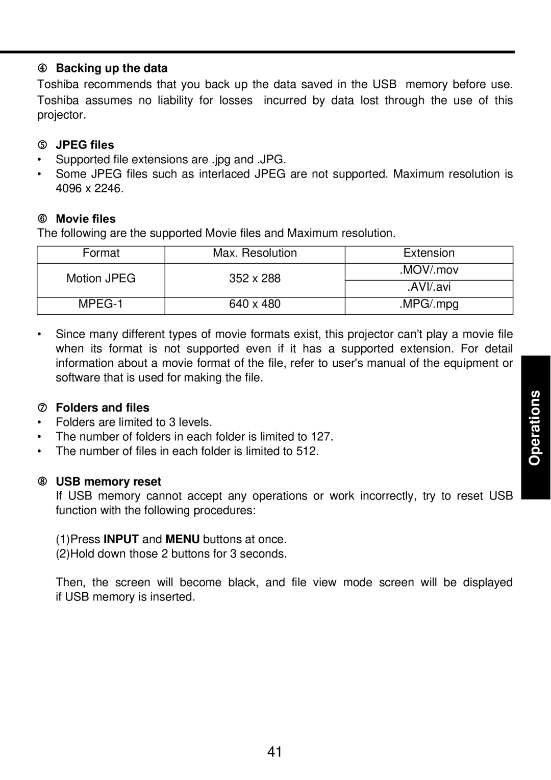 Toshiba TDP-PX10 owner manual Backing up the data, Folders and files, USB memory reset 