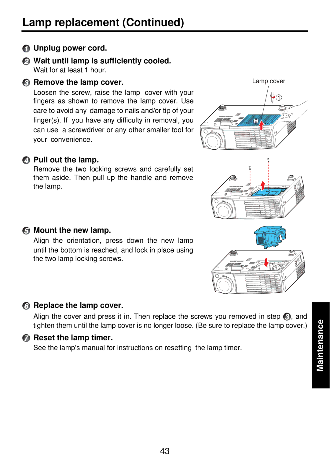 Toshiba TDP-PX10 owner manual Lamp replacement 