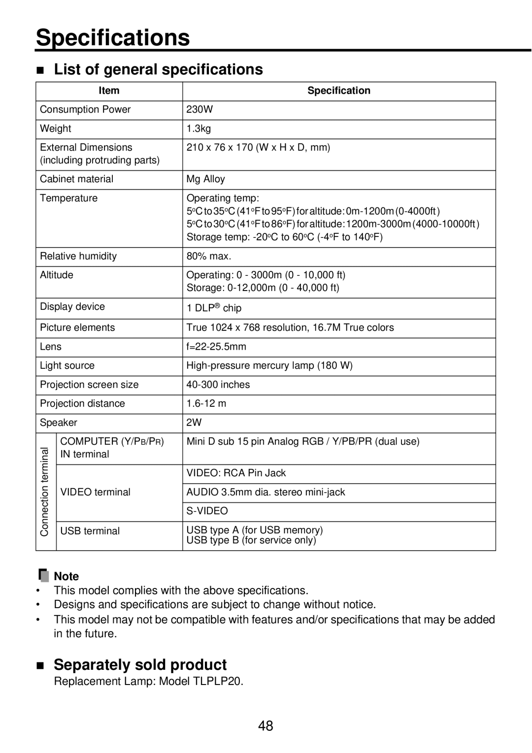 Toshiba TDP-PX10 owner manual Specifications, „ List of general specifications, „ Separately sold product 