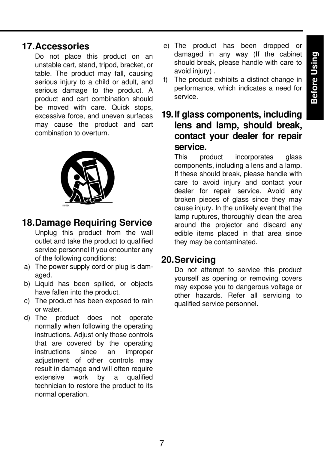 Toshiba TDP-PX10 owner manual Accessories, Damage Requiring Service, Servicing 