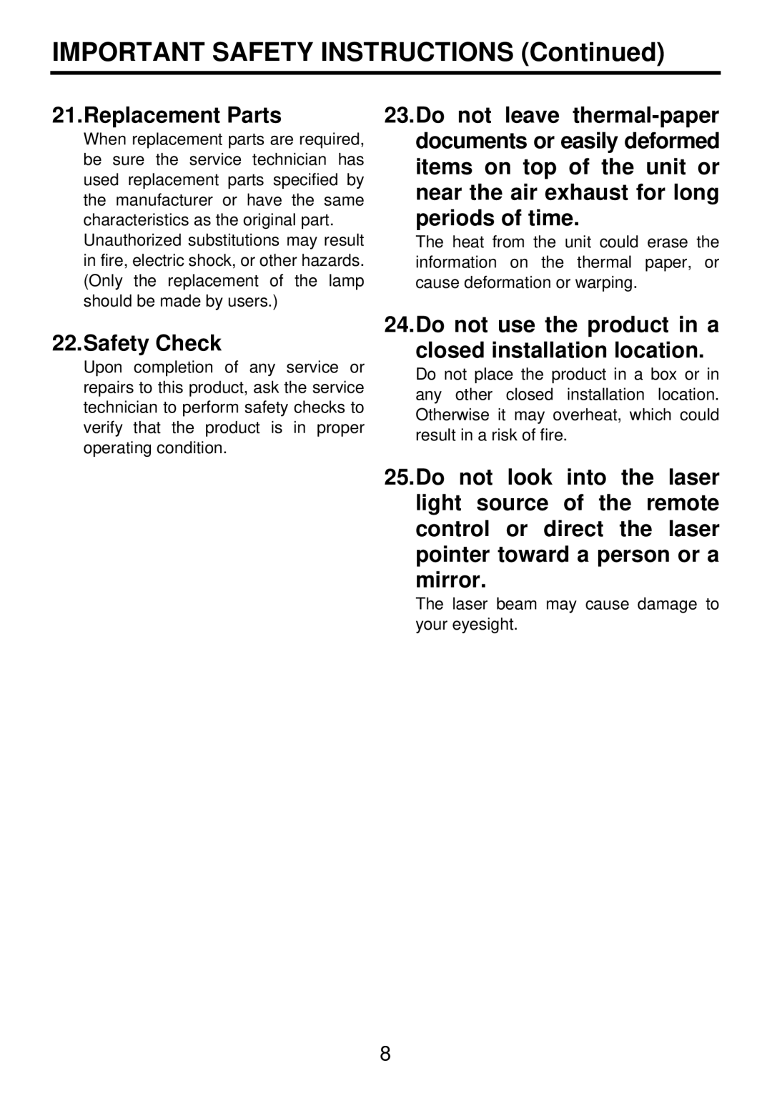 Toshiba TDP-PX10 owner manual Replacement Parts, Safety Check, Do not use the product in a closed installation location 